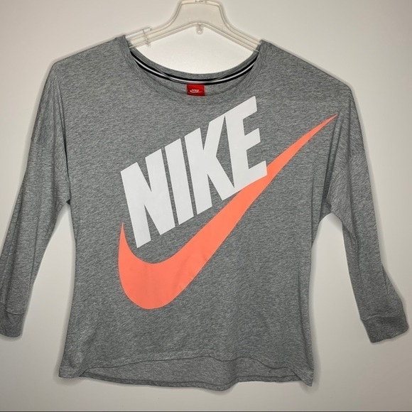 Nike Relaxed Fit Big Swish Logo Long Sleeve Shirt Size XL Gray Orange Scoop Neck - Picture 16 of 16